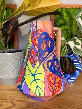 Hand-Painted Tropical Leaf Ceramic Vase l